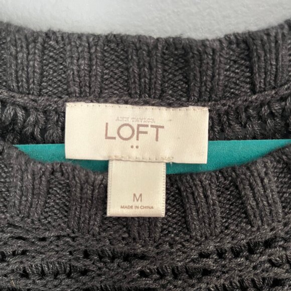 Loft grey open weave round neck zipper crochet medium sweater - Picture 3 of 3